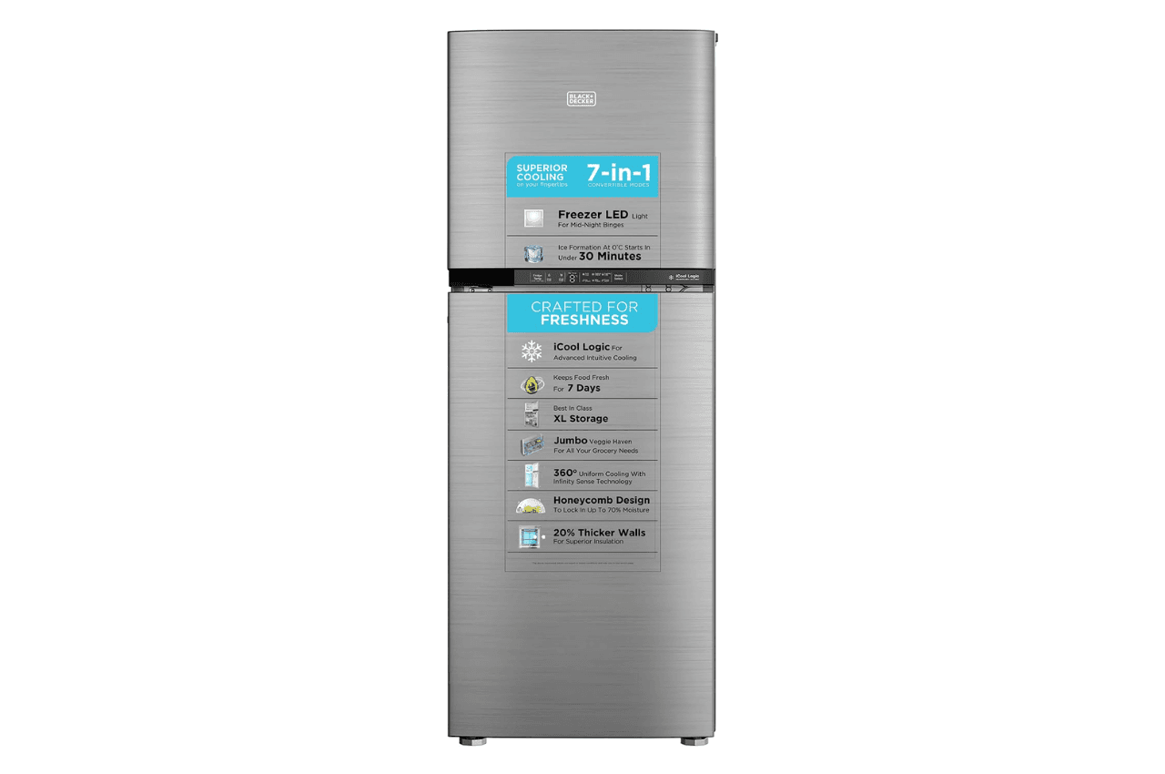 BLACK+DECKER 265L 3 Star Frost Free Double Door Refrigerator (BXRF1F3GHI265IN, Grey Hairline, 2024 Model)