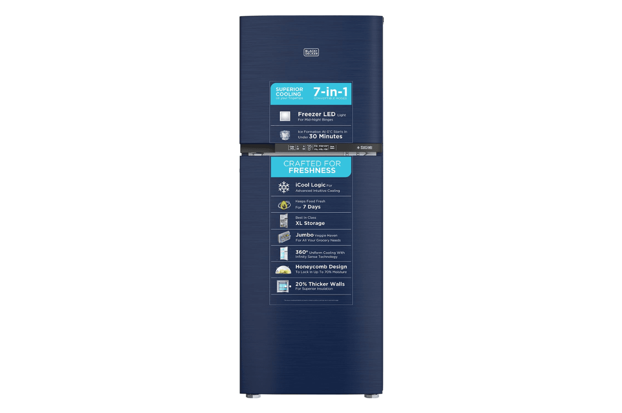 BLACK+DECKER 241L 3 Star Frost Free Double Door Refrigerator (BXRF1F3BHI241IN, Blue Hairline)