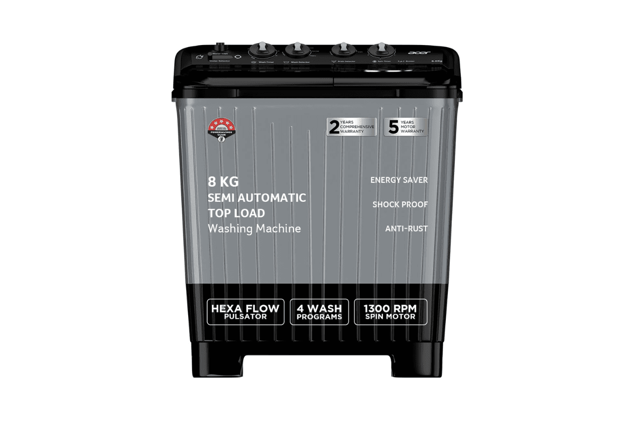 Acer 8.0 Kg 5 Star Semi-Automatic Top Loading Washing Machine(AR80SAMBGL124D, Black-Grey, 4 Wash Programs, Hexa Flow Pulsator, Advanced Lint Filter)