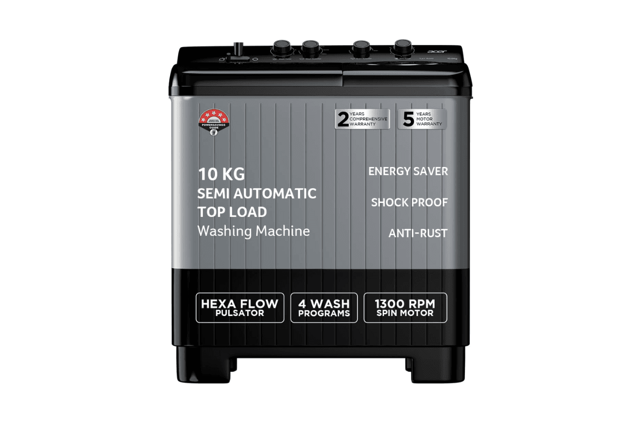 Acer 10.0 Kg 5 Star Semi-Automatic Top Loading Washing Machine(AR10SAMBGL124D, Black-Grey, 4 Wash Programs, Hexa Flow Pulsator, Advanced Lint Filter)