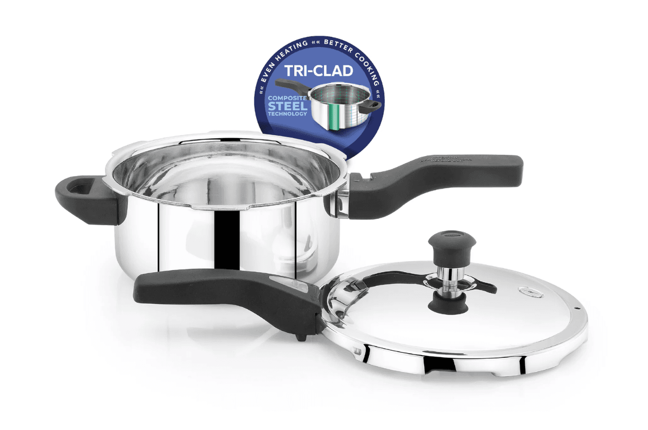 Navarasa Triply Pressure Cooker | Outer Lid | Stainless Steel | 5 L - Induction Compatible | ISI Certified