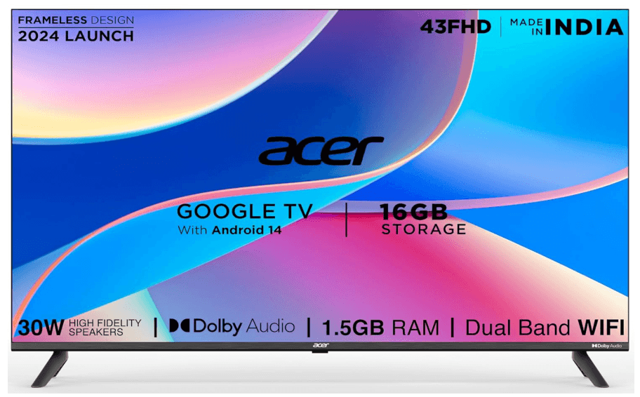 Acer I PRO Series 108 cm (43 inch) Full HD LED Smart Google TV with Android 14 (Black) | 16GB Storage | 30W Dolby Audio  (AR43FDIGU2841AT)