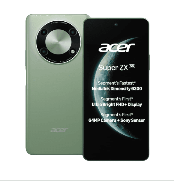 Acer Super ZX 5G (Cosmic Green, 6GB RAM, 128GB Storage) | 120 Hz FHD+ Display | 5000 mAh Ultra-Thin Battery | Dimensity 6300 5G Processor | Sony 64MP AI Camera