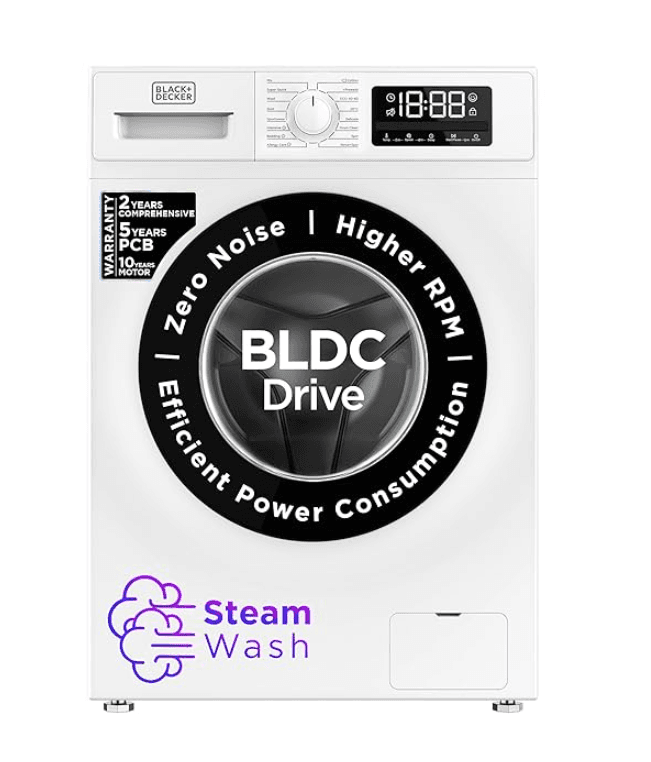 Black and Decker 8.0 Kg 5 Star Fully-Automatic Front Loading Washing Machine(2025 Model, Bxwd01280In, White, 1400 Rpm, In-Built Heater, Steam Wash, Bldc Motor Drive)