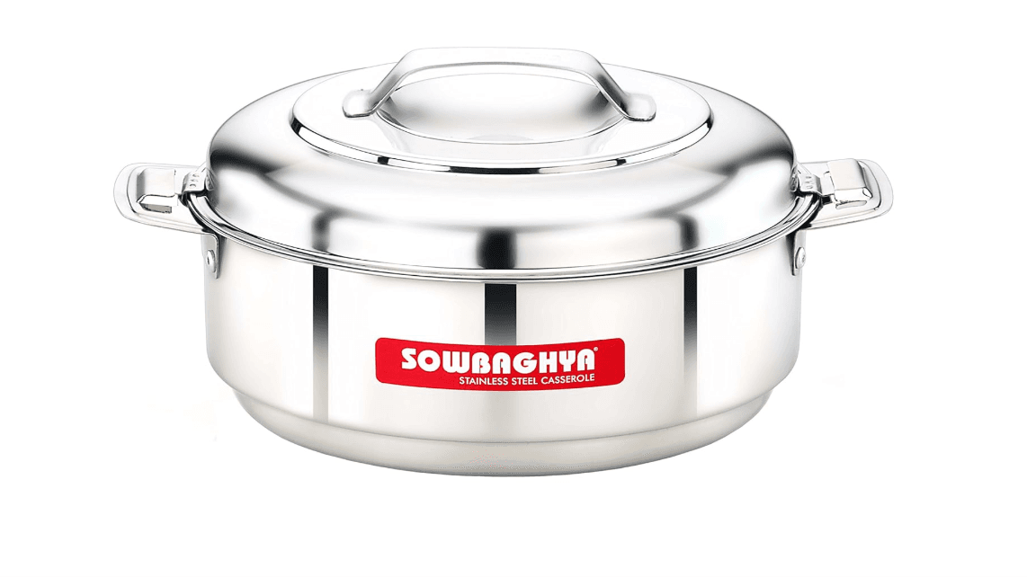 SOWBAGHYA Stainless Steel Solid Casserole, (Silver, 1500 ml) Silver Stainless Steel Solid Casserole | Hot Pot for Meal chapati Curry roti | Dishwasher Safe