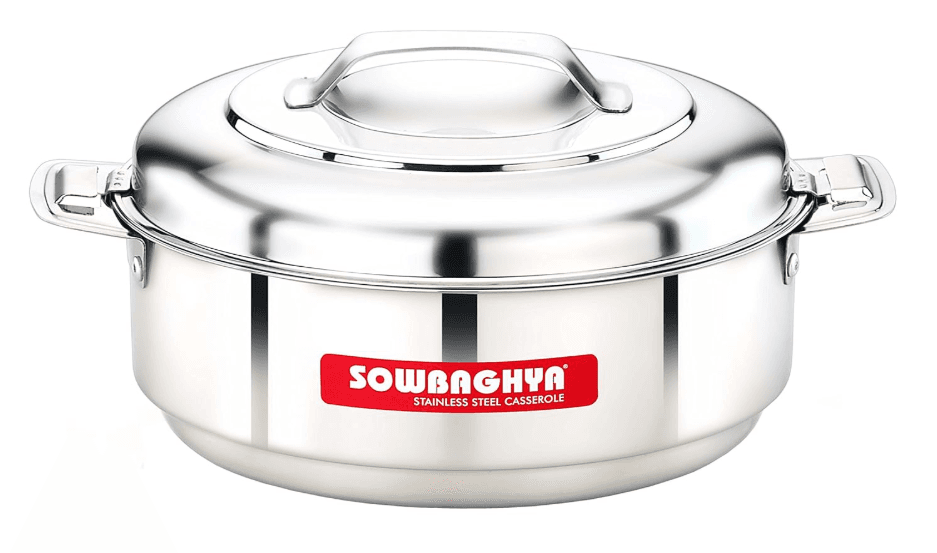 SOWBAGHYA Stainless Steel Solid Casserole - 5000 ml, Silver Silver Stainless Steel Solid Casserole | Hot Pot for Meal chapati Curry roti | Dishwasher Safe