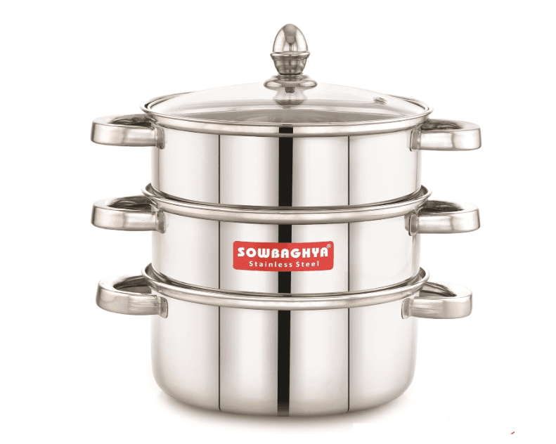 Sowbaghya Stainless Steel 3 Tier Induction Bottom Steamer/Modak/Momo Maker with Glass Lid | Heavy Guage | Double-Riveted Stainless Steel Handles