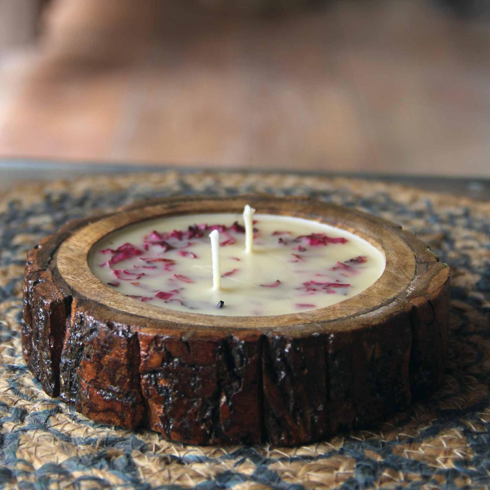 Himalayan Bee Wax Candle- Damask Rose, Reusable Wooden Bark Tray