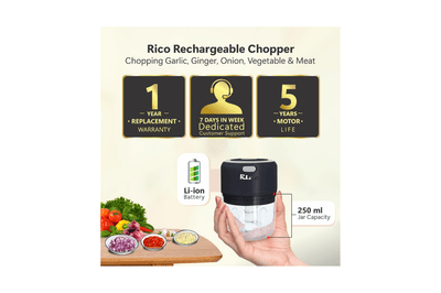 RICO ELECTRIC MINI GARLIC CHOPPER FOR MINCING GARLIC, GINGER, ONION, VEGETABLE, MEAT, NUTS, 250 ML / CH2113