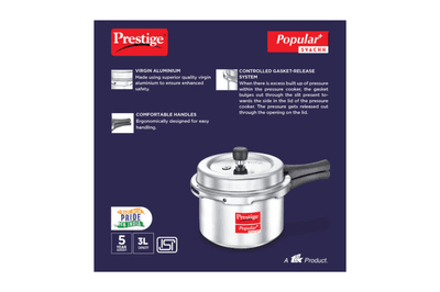 Prestige Popular Plus Svachh Virgin Aluminium Spillage Control Pressure Cooker, 3 L (Silver)