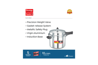 Prestige Popular Plus Virgin Aluminium Gas and Induction Compatible Pressure Cooker, 10 L (Silver)
