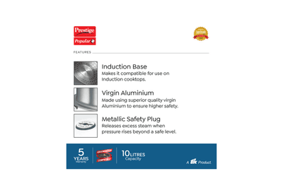 Prestige Popular Plus Virgin Aluminium Gas and Induction Compatible Pressure Cooker, 10 L (Silver)