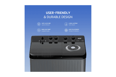 Acer 10.0 Kg 5 Star Semi-Automatic Top Loading Washing Machine(AR10SAMBGL124D, Black-Grey, 4 Wash Programs, Hexa Flow Pulsator, Advanced Lint Filter)