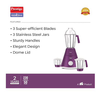 Prestige Nakshatra V2 550W Mixer Grinder with 3 Stainless Steel Jars(Purple, Dome Lid, Aluminium Jar Base)