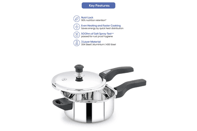 Navarasa Triply Pressure Cooker | Outer Lid | Stainless Steel | 5 L - Induction Compatible | ISI Certified