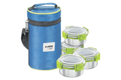 Judge by Prestige Non-Insulated Tiffin Box with Pouch, Set of 4 Container (300 ml x 4)