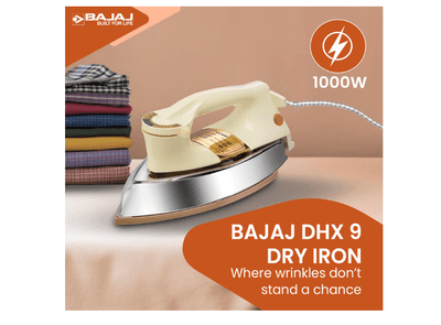 Bajaj DHX-9 1000W Heavy Weight Dry Iron | Advance Soleplate And Anti-Bacterial German Coating Technology | Multiple Temperature Levels | 2 Yr Warranty 【Ivory】