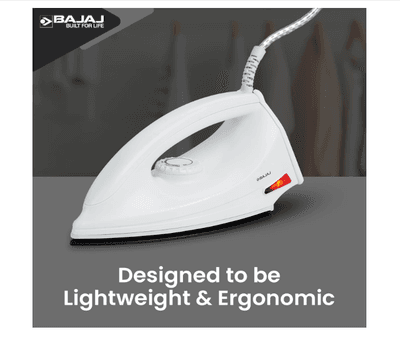 Bajaj DX-6 1000 Watts Dry Iron | Advance Soleplate And Anti-Bacterial German Coating Technology | Thermol Fuse Safety | Auto Shut-Off | Cool Touch Body | 2 Yr Warranty 【White】