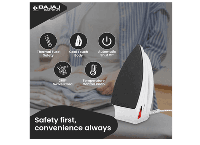 Bajaj DX-6 1000 Watts Dry Iron | Advance Soleplate And Anti-Bacterial German Coating Technology | Thermol Fuse Safety | Auto Shut-Off | Cool Touch Body | 2 Yr Warranty 【White】