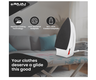 Bajaj DX-6 1000 Watts Dry Iron | Advance Soleplate And Anti-Bacterial German Coating Technology | Thermol Fuse Safety | Auto Shut-Off | Cool Touch Body | 2 Yr Warranty 【White】