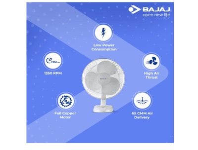 Bajaj Esteem 400 MM Table Fan | Table Fan For Kitchen & Home | High Air Thrust | High Speed | Overload Thermal Protection | Full Copper Motor | Silent Operation | 1-Yr Warranty 【White】