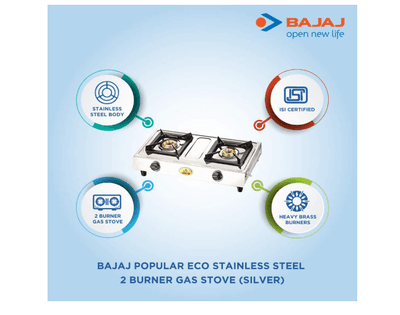 Bajaj Popular Eco Gas Stove | 2-Burner | Stainless Steel | ISI Certified | Open | 2 Yr Warranty 【Silver】