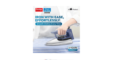 Prestige Magic Cruise 600W Dry Iron|Greblon Non-Stick Coated Sole Plate|Wide Range Of Fabric Interface|Light Weight|Neon Indicator Light|2 Year Warranty|Blue & Silver