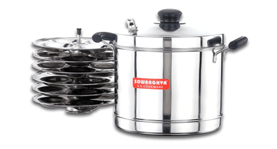  Sowbaghya Induction Base Stainless Steel Idli Maker (6 Plates) Silver Idly Cooker Pot | Induction and Gas Stove Compatible Idli Maker | Idly Maker with 6...