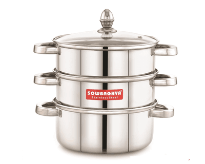 Sowbaghya Stainless Steel 3 Tier Induction Bottom Steamer/Modak/Momo Maker with Glass Lid | Heavy Guage | Double-Riveted Stainless Steel Handles