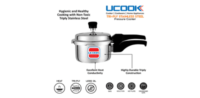 UCOOK By United Ekta Engg. Triply Stainless Steel Induction Base Outerlid Pressure Cooker, 3 Litre, Silver (PC0371)