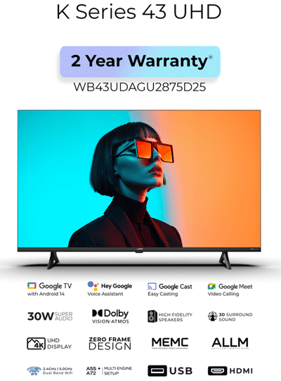 Wobble 108 cm (43 inches) K Series 4K UHD Smart LED TV with Google TV 5.0 (Black) WB43UDAGU2875D25