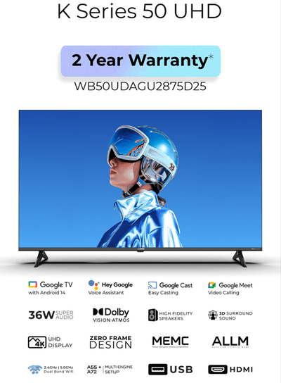 Wobble 127 cm (50 inches) K Series 4K UHD Smart LED TV with Google TV 5.0 (Black) WB50UDAGU2875D25