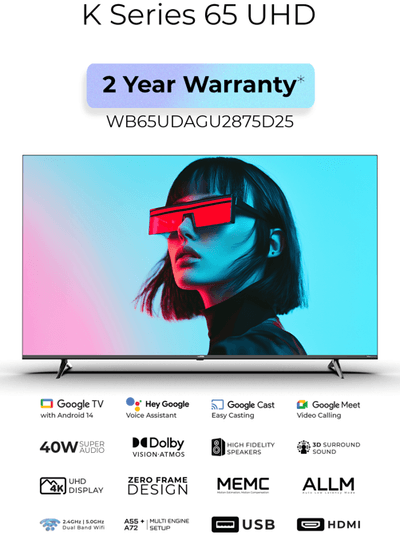 Wobble 163.8 cm (65 inches) K Series 4K UHD Smart LED TV with Google TV 5.0 (Black) WB65UDAGU2875D25