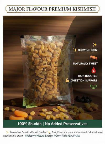 Major Flavour Premium Long Green Raisins (Kismish) – Extra Sweet & Seedless | Handpicked Export Quality Kishmish for Cooking, Baking & Healthy Snacking