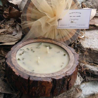 Himalayan Bee Wax Candle- Lemongrass, Reusable Wooden Bark Tray