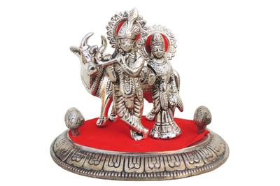 Aluminium Showpiece Radha Krishna Cow Silver Statue