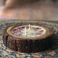 Himalayan Bee Wax Candle- Damask Rose, Reusable Wooden Bark Tray