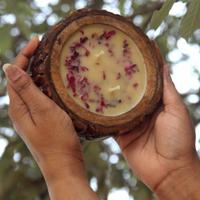 Himalayan Bee Wax Candle- Damask Rose, Reusable Wooden Bark Tray