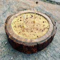 Himalayan Bee Wax Candle - Cinnamon, Reusable Wooden Bark Tray